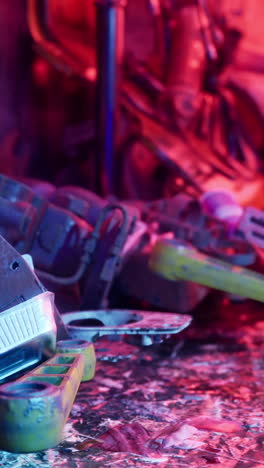 close up of colorful art studio with tools and paint