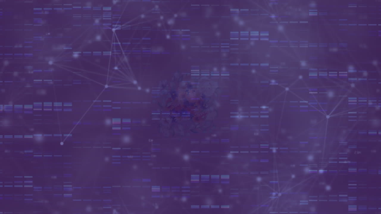 animación de la red de conexiones y procesamiento de datos en pantalla púrpura