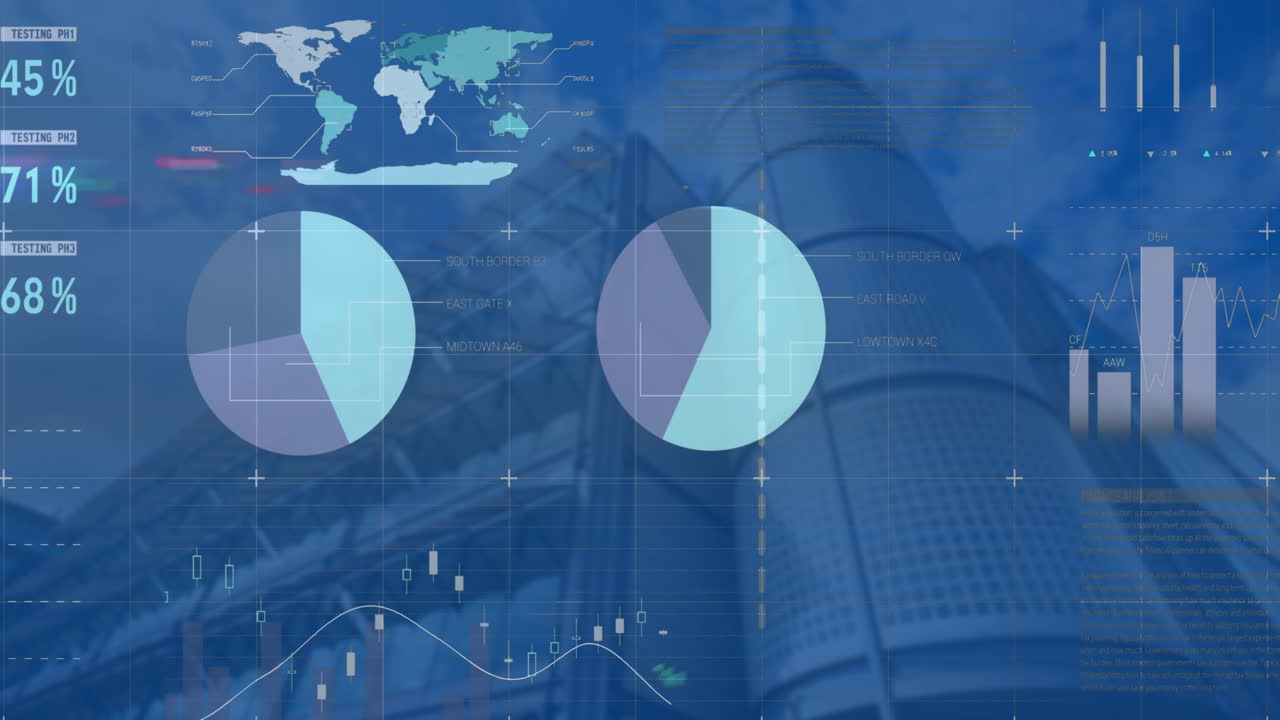 Animation of statistics and financial data processing over modern cityscape