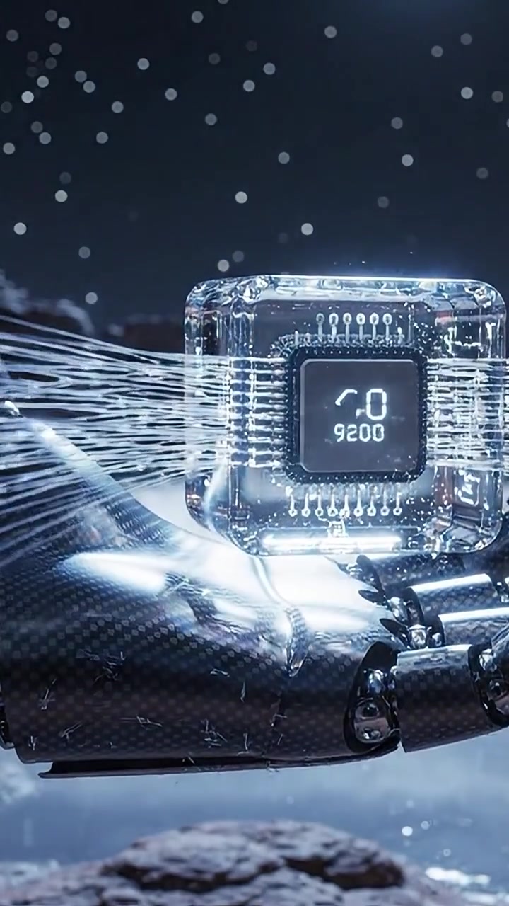 Futuristic Robotic Arm Featuring Transparent Microchip Surrounded by a Mystical Environment with Sparkling Particles Set Against a Dark Night Sky