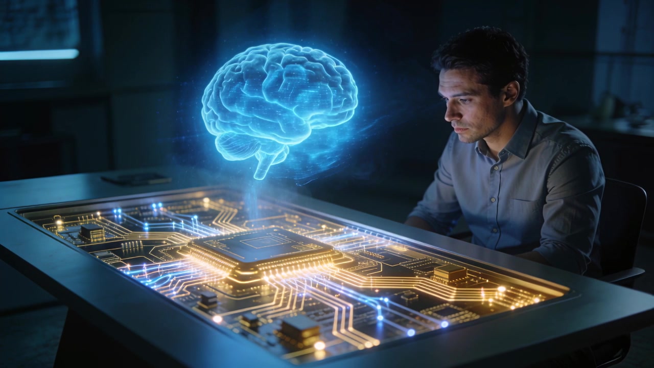 Watching engineer in shirt leaning at lab bench while holo brain appearing above chip, copy space