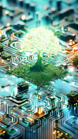 a tree is growing on top of a circuit board. the tree is surrounded by a lot of lights, which gives the image a futuristic and technological feel