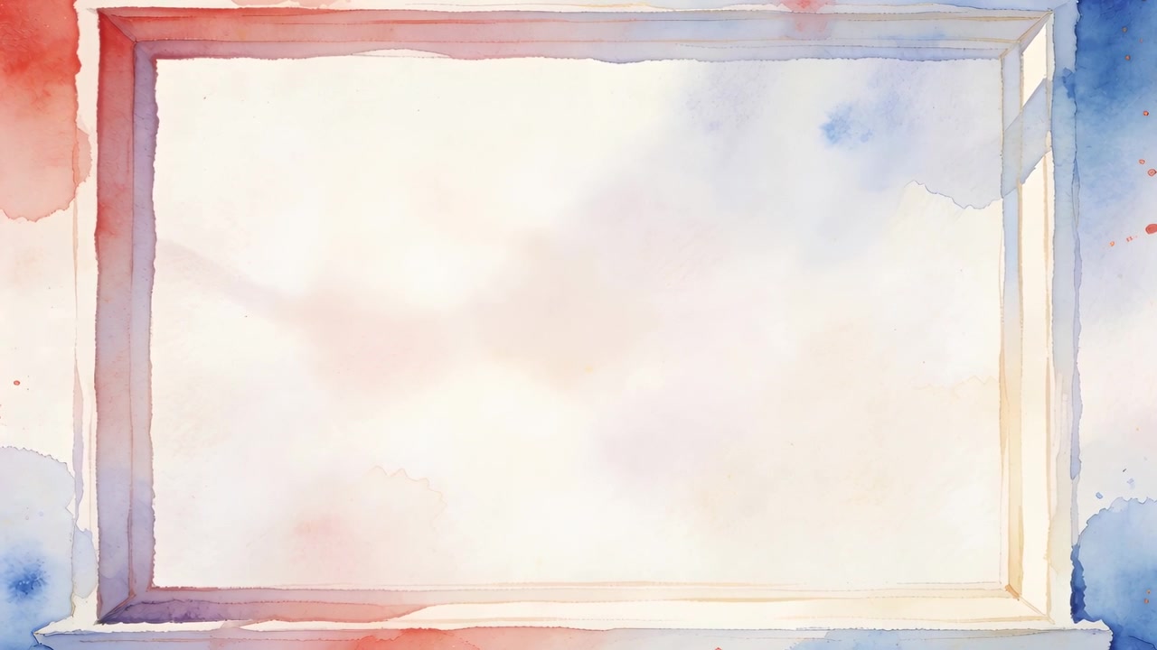 Advancing frames showing painted frame with pale pane while red and blue washes shifting as title