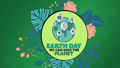 animation of earth day ecology text and logo over flowers on green background