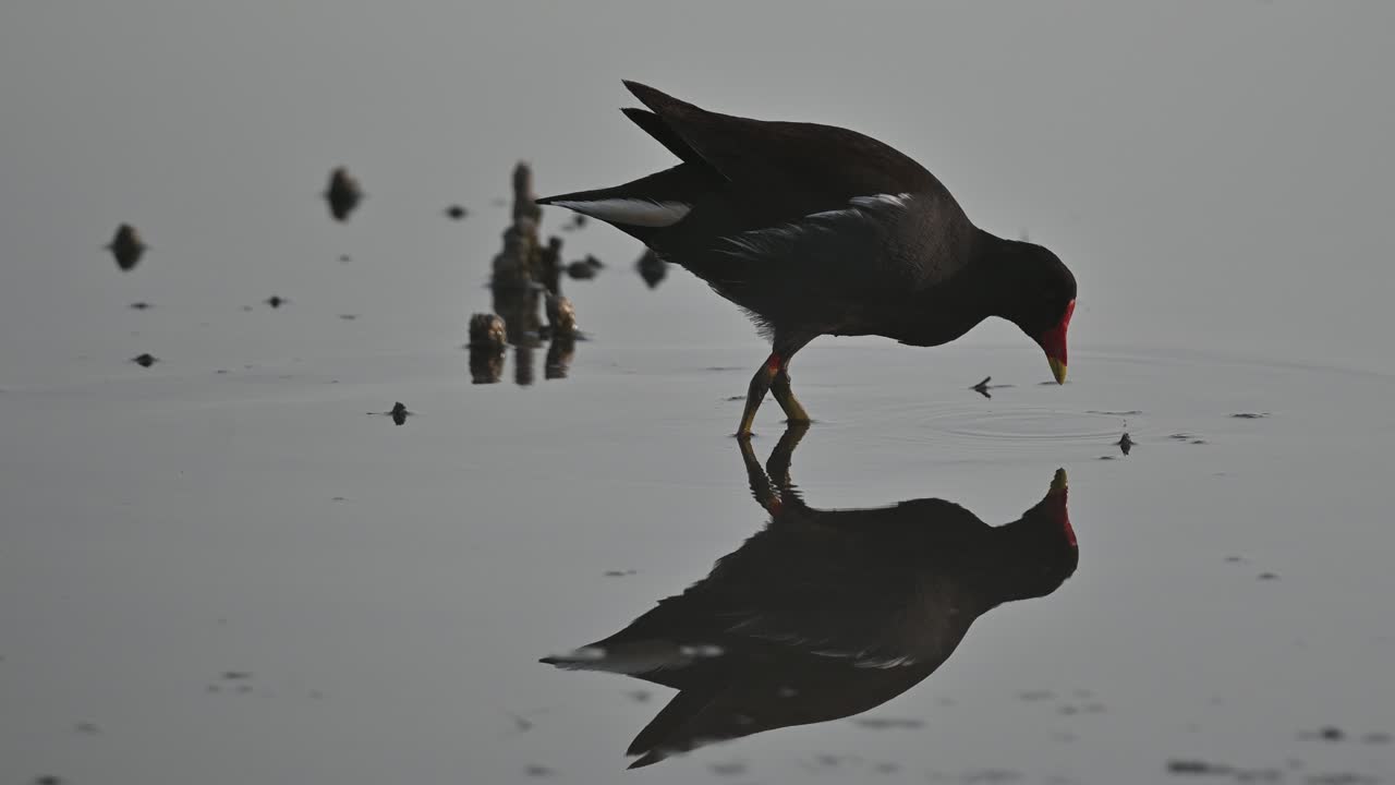 철새 moorhen 더러운 늪 물 음식에 대 한 방황