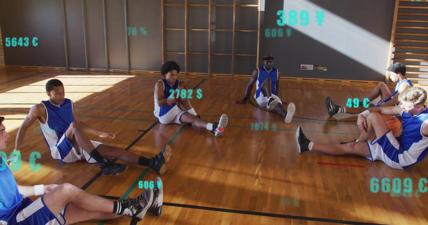 Basketball players stretching legs on gym floor initiating AR currency overlays updating metrics
