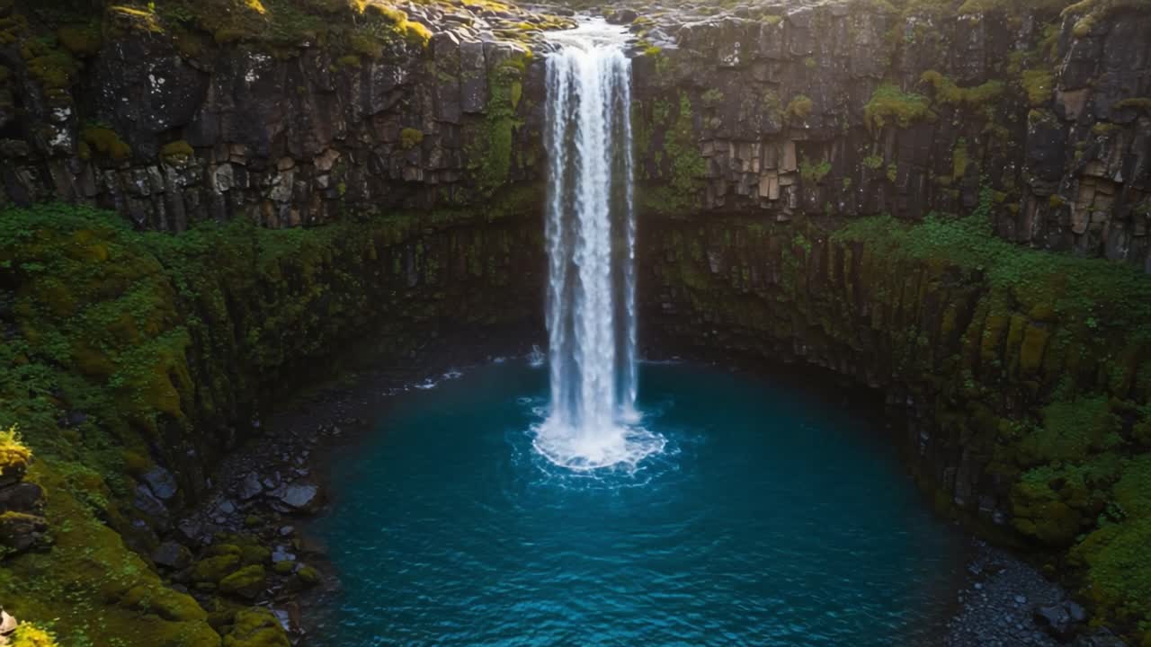 A Stunning Waterfall Cascading into a Crystal-Clear Blue Pool Surrounded by Lush Greenery and Mossy Rocks, Creating a Serene Natural Paradise