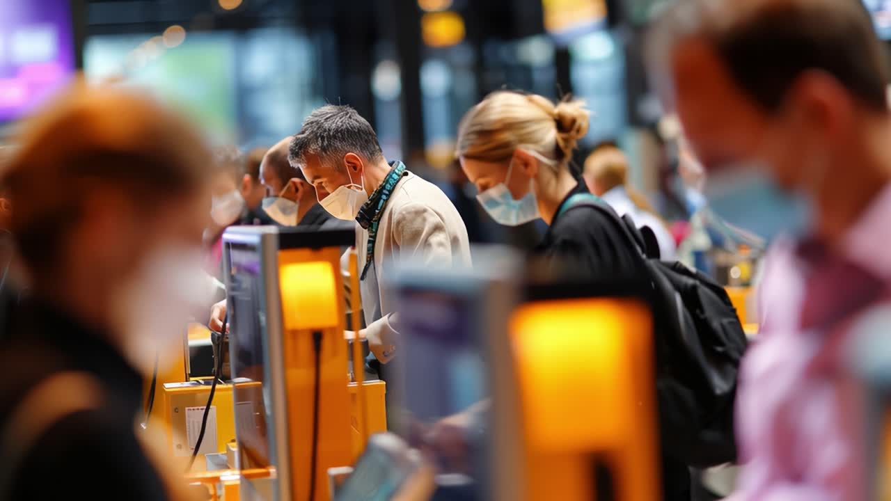 Crowded airport terminal scene showcasing travelers engaging at self-service kiosks, demonstrating the hustle and bustle of modern travel amidst health precautions like face masks