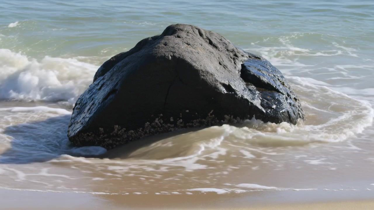 Un'onda in arrivo spinge un'onda che si frange, avvolgendo e sommergendo i cirripedi su una roccia scura sulla spiaggia.