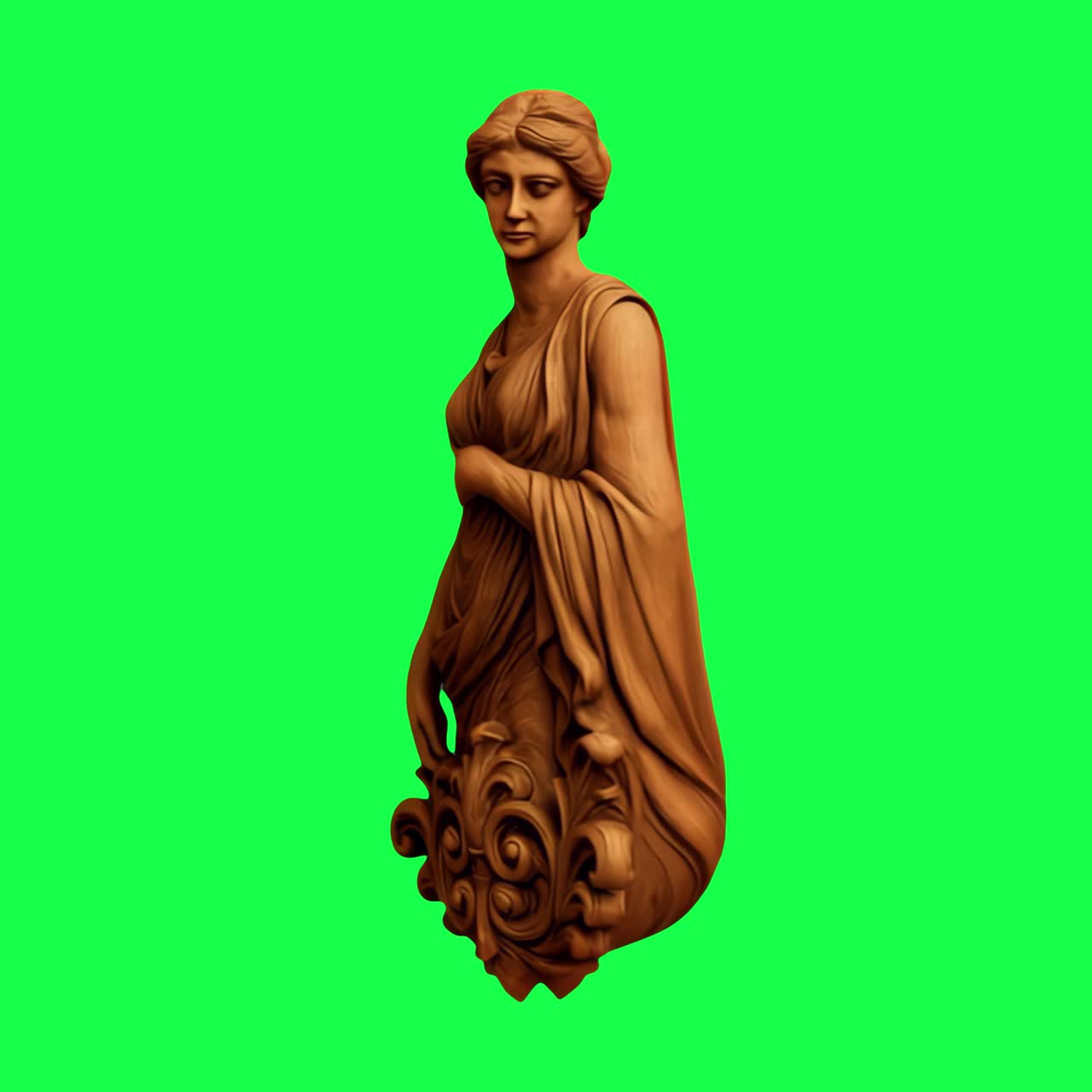 Animazione di elegante statua in legno, video 4K trasparente, green screen
