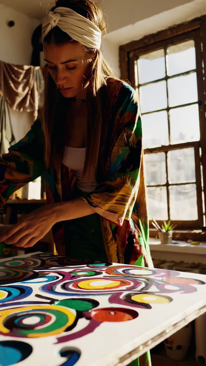 Artist Working on a Colorful Abstract Painting