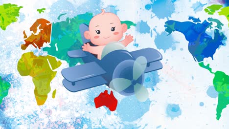 animation of baby in airplane flying over multi coloured world map