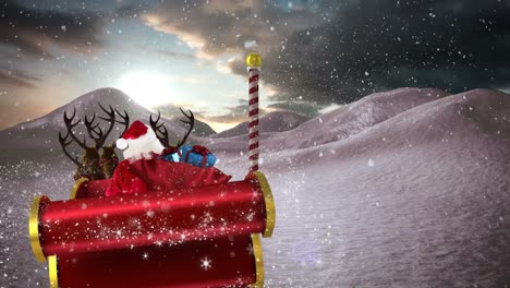 animation of santa claus in sleigh with christmas gifts and snow falling in winter landscape