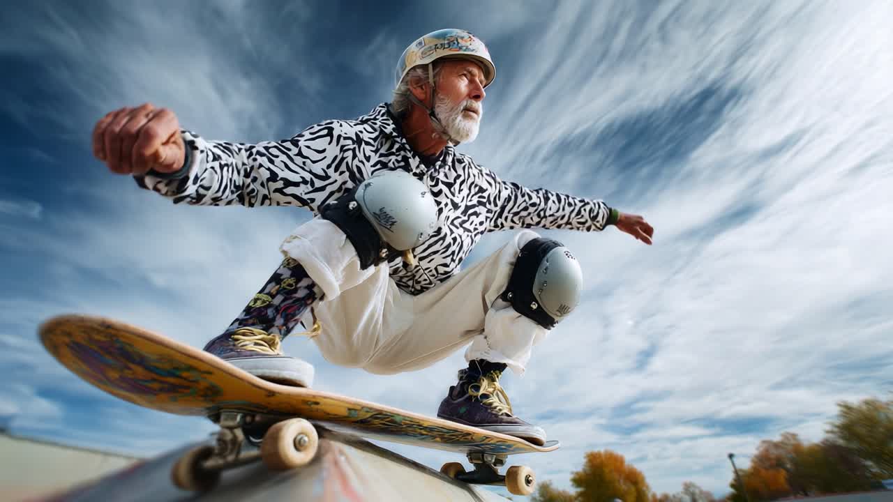 An inspiring elderly skateboarder performs an impressive trick at the skatepark, showcasing skill, balance, and enthusiasm for the sport while wearing protective gear and stylish attire