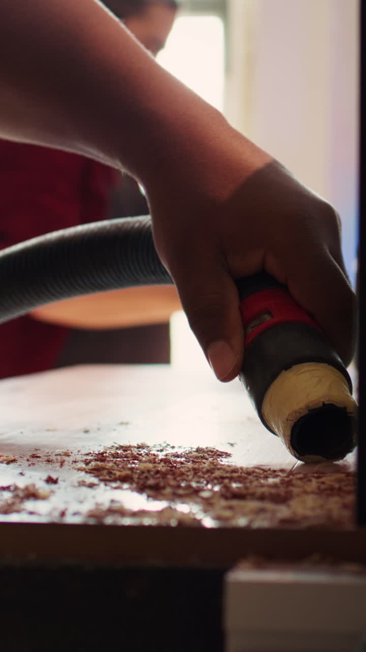 Primo piano di una mano che aspira la segatura da un banco da lavoro in un laboratorio