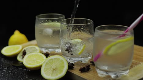 pour lemon juice into glass with ice and lemon slices. lemon alcoholic cocktail