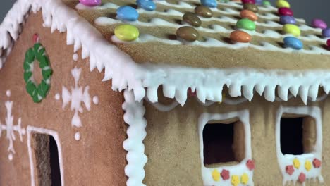 reveal of a ginger bread house made with honey and flour with christmas decorations with candies and white snow like decoration