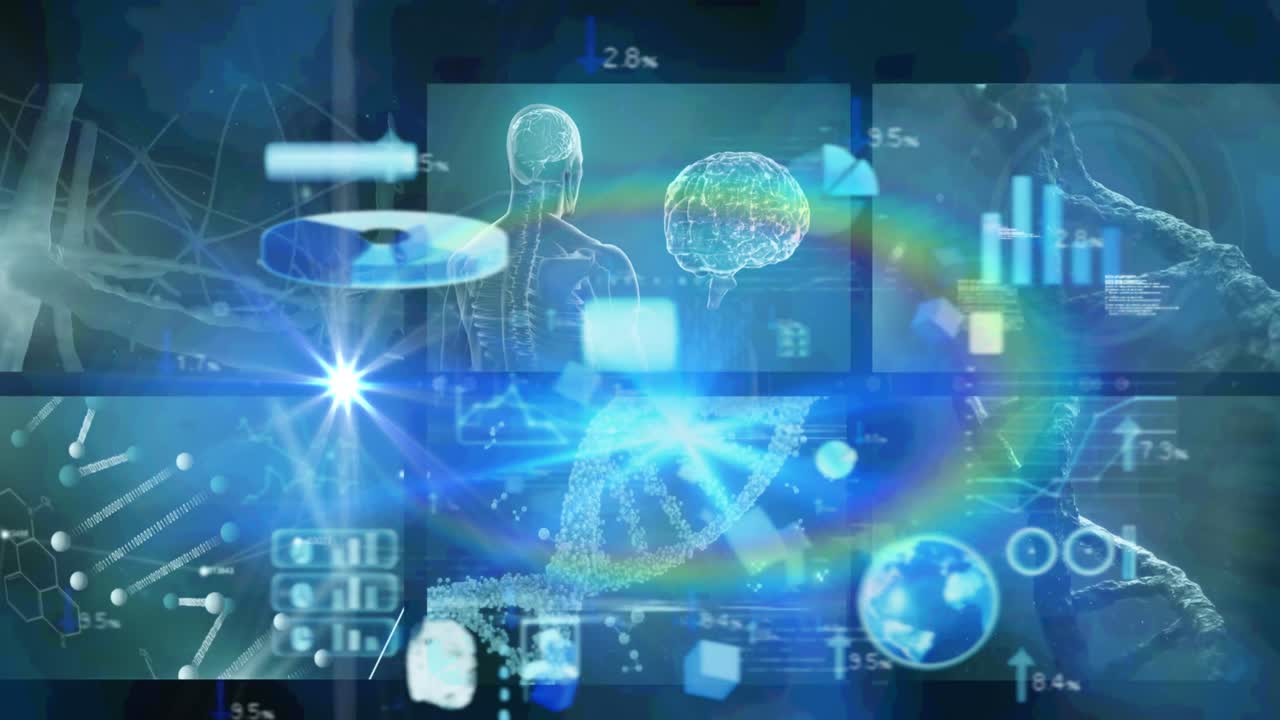 animación del procesamiento de datos médicos en pantallas con fondo azul