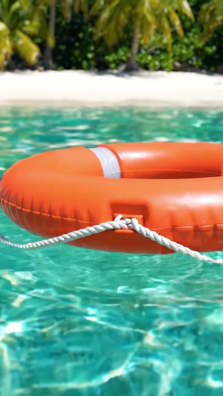 A Bright Orange Lifebuoy Float Positioned Above Serene Turquoise Water, Emphasizing Safety and Relaxation in a Tranquil Tropical Setting