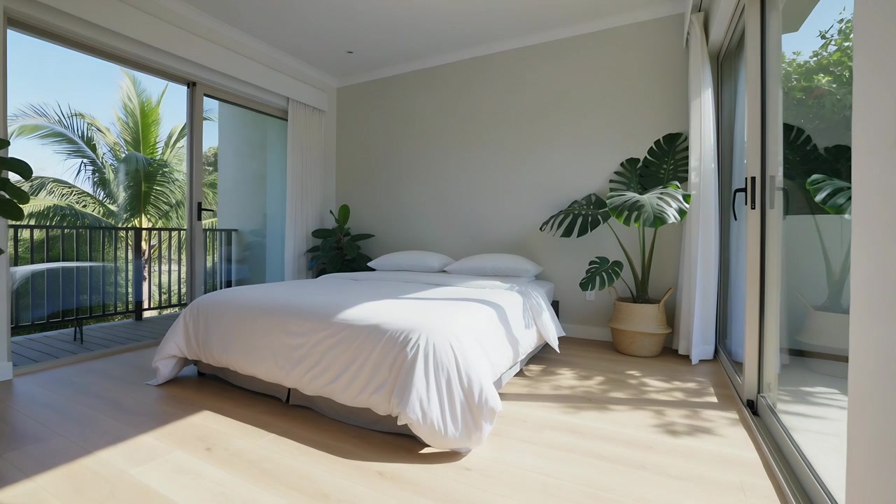 Telecamera che panoramica rivelando un letto a piattaforma basso con piumone bianco sul balcone della camera da letto, che mostra una monstera.