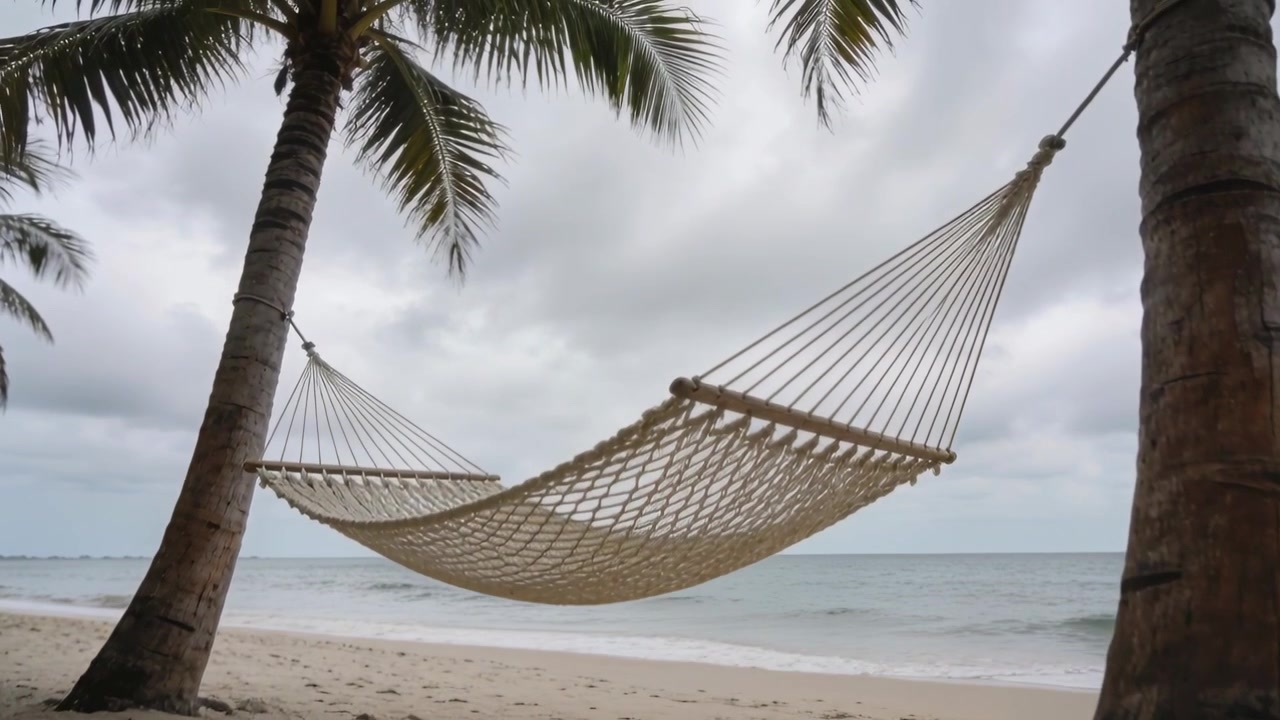Amaca intrecciata che oscilla tra le palme in spiaggia, la brezza fa muovere la telecamera a destra, inclinando verso l'alto