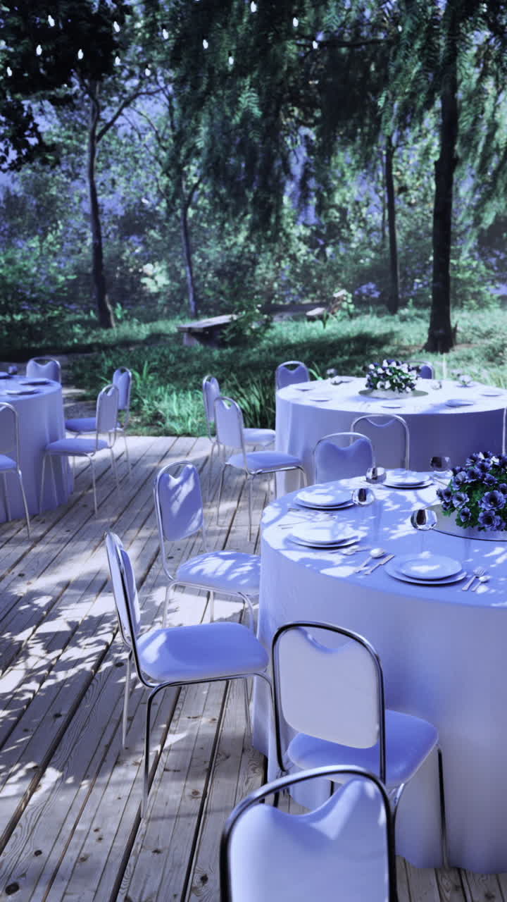 Elegant outdoor dining setup in a serene garden at twilight