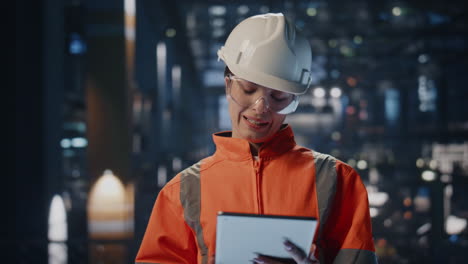 factory controller tablet examining production metalwork in hardhat close up.