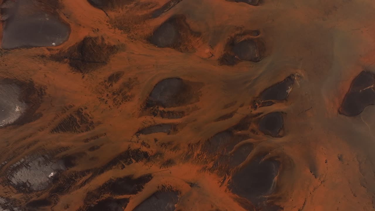 Aerial drone view of Þjórsá, Iceland, volcanic sediment patterns, unique view of nature, geology, travel, aerial photography, earth textures and landscapes.