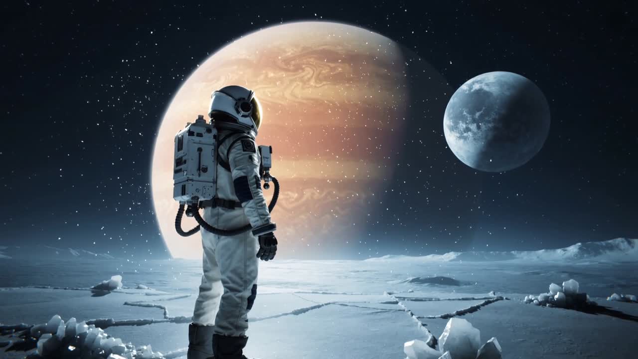 En dragtklædt astronaut spotter en blå måne, drejer visiret og træder ud på en isfyldt slette med en livsunderstøttende rygsæk.