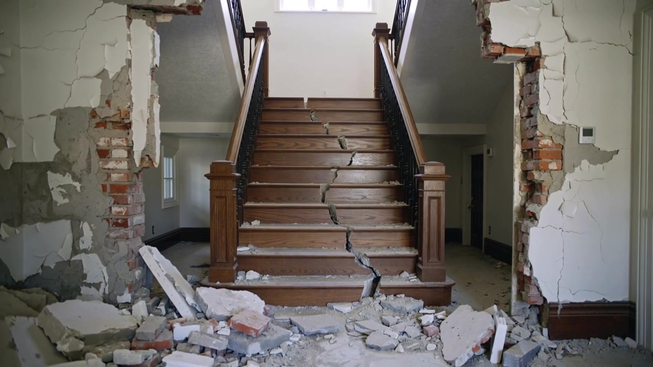 Recording camera capturing staircase splitting in foyer after wall collapse, with rubble