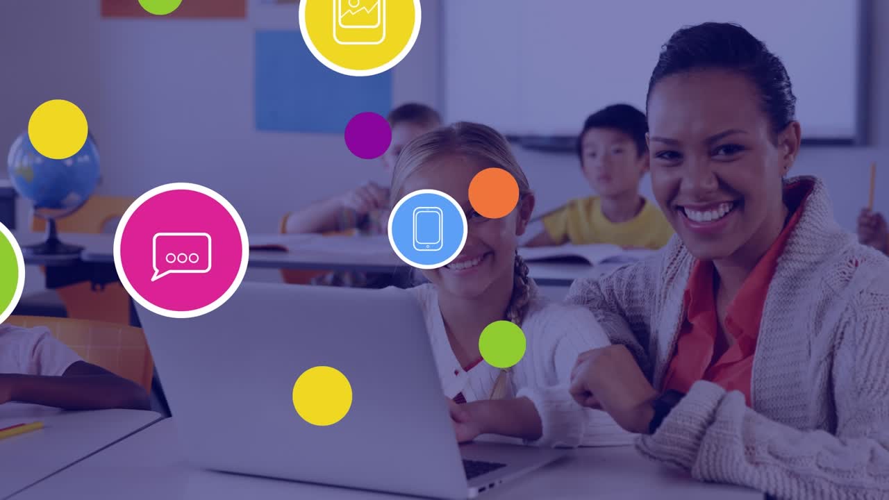 Multiple digital icons over african american female teacher and caucasian girl using laptopat school