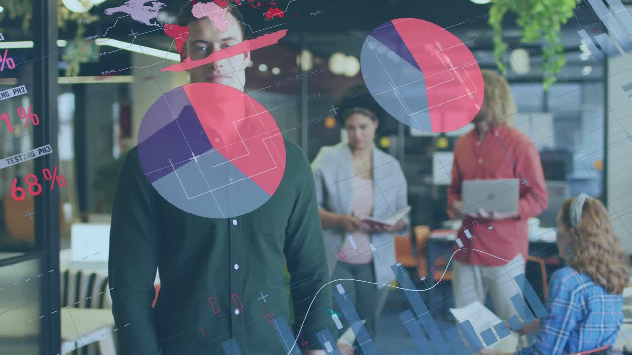 Animation of financial data processing over diverse business people having meeting at office