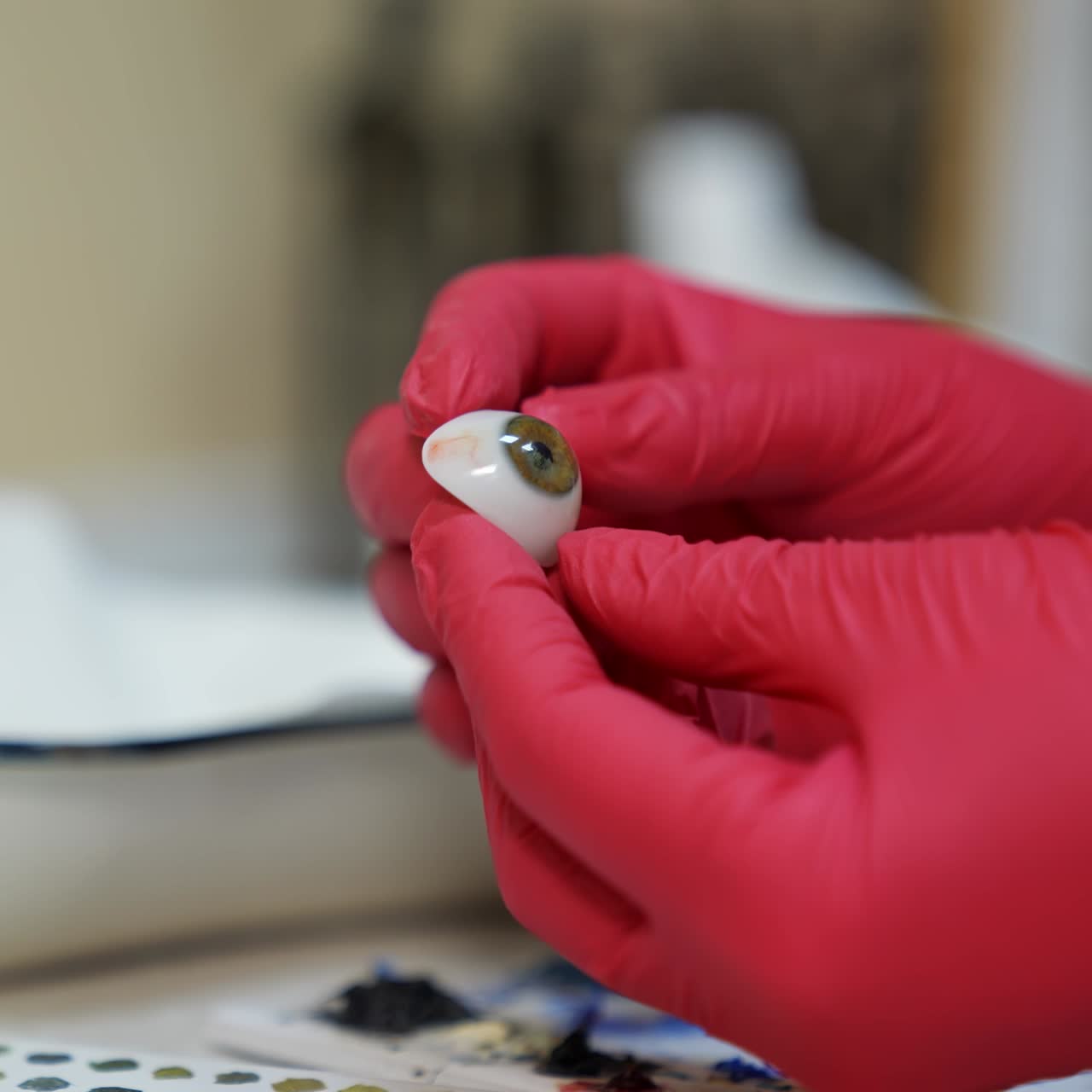 Synthetic eye in doctor's hands. Medical specialist in red latex gloves holding artificial eye prosthesis. Close-up. Ophthalmology concept
