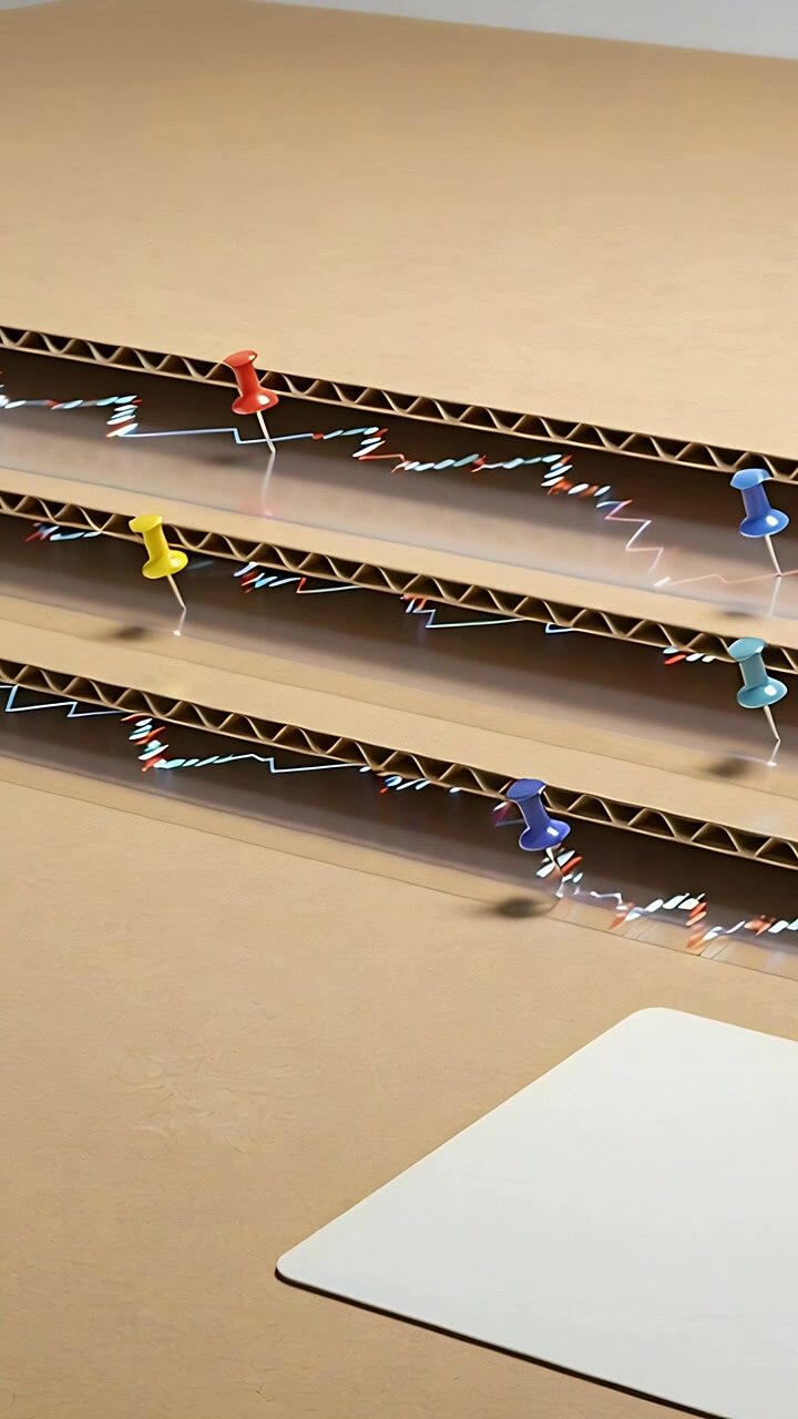 Video verticale: Telecamera in movimento che rivela una pila di cartone sulla scrivania con spilli e luci a zigzag cangianti.