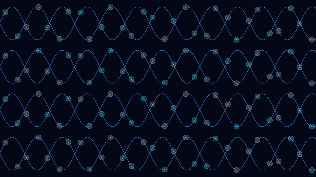 A mesmerizing blue wave pattern on a black backdrop consists of interconnected small circles forming a zigzag motif. The design is visually striking and intricate