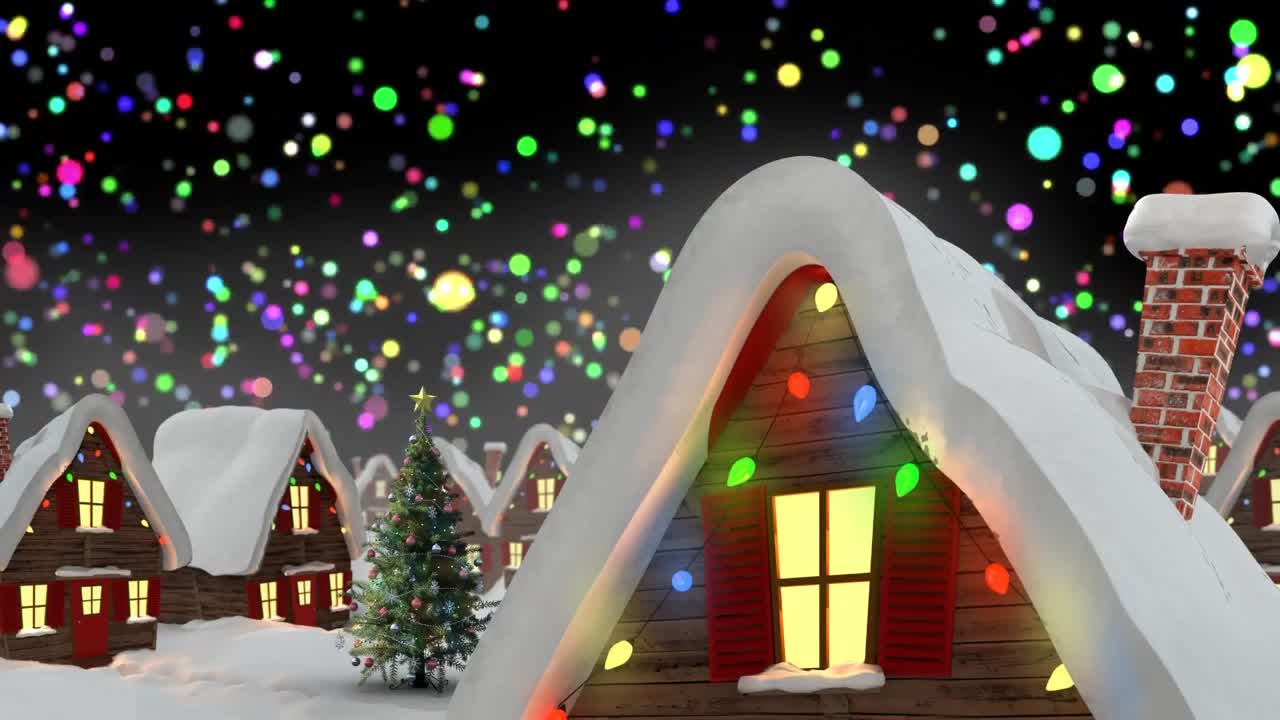 검은 바탕에 장식 된 집과 크리스마스 트리와 함께 겨울 풍경의 애니메이션