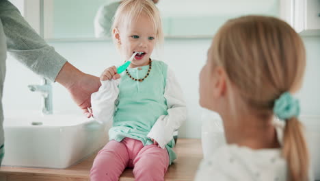 happy, singing and children brushing teeth