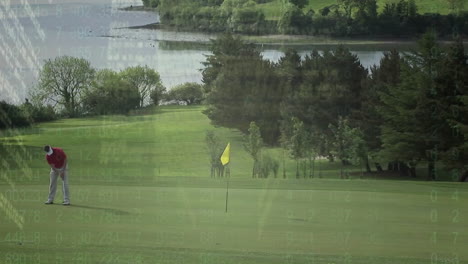 golf course with trees and lake, data processing animation over landscape