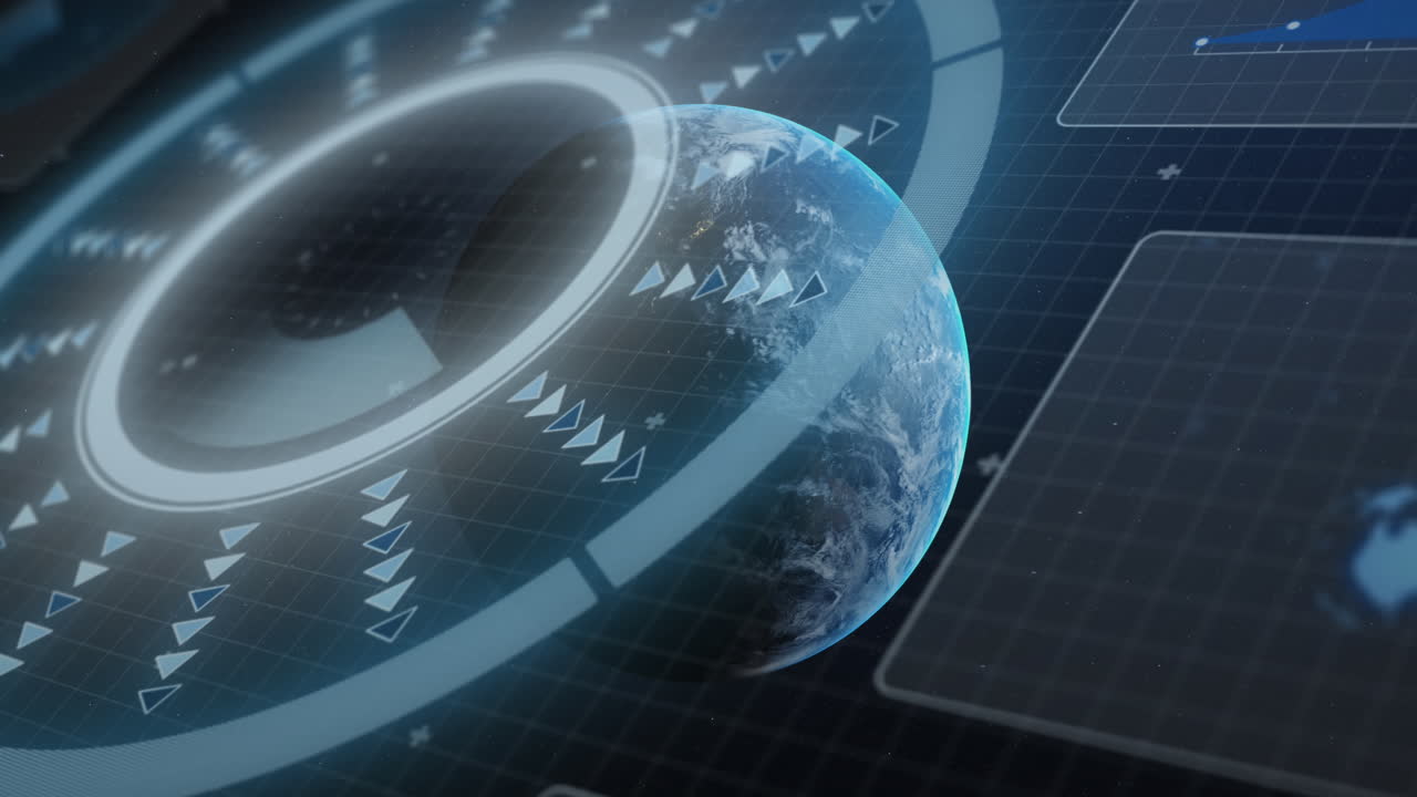 惑星地球の青いグリッドをスキャンするスコープのアニメーション