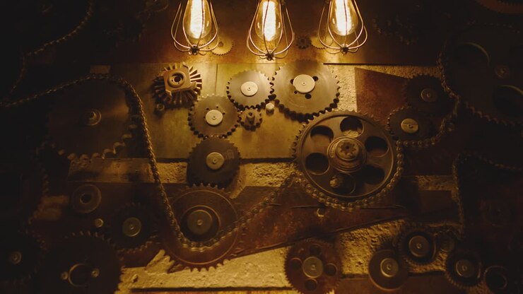 Camera moving on wall decorated with mechanism of metallic gears and loft style lamps . Interior with Industrial style design . Close-up slow motion . Flashing lights .