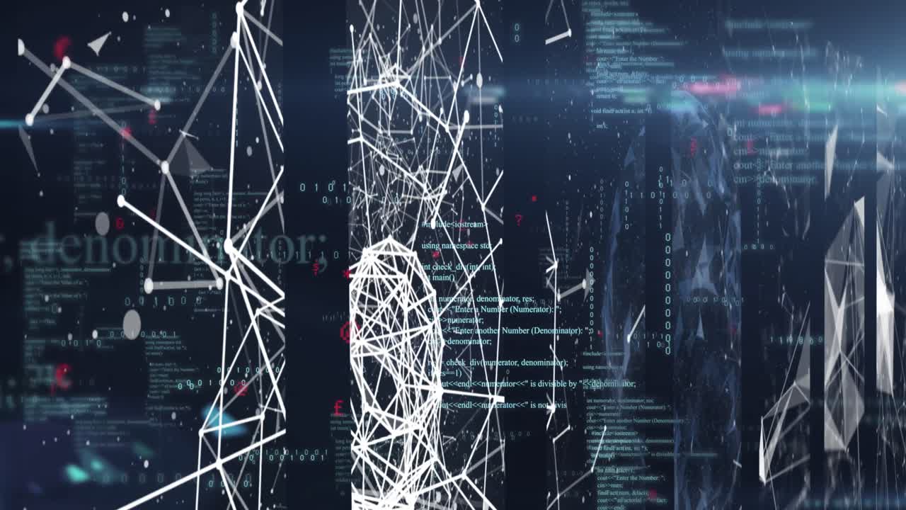 Animation of data processing and shapes on black background