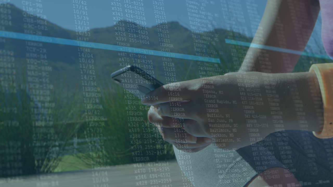 Animation of data processing over midsection of woman using smartphone in background