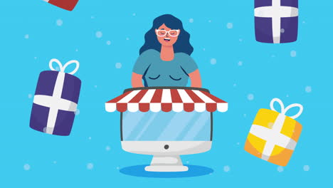 mujer comprando en línea con regalos