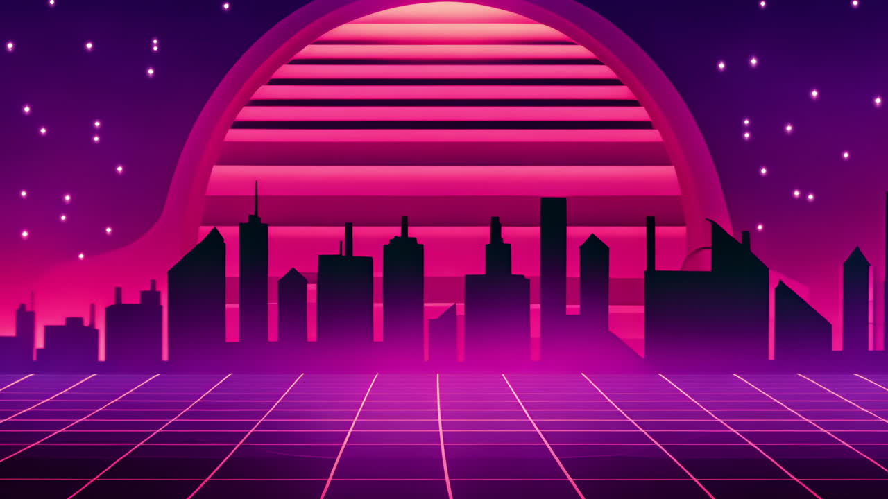A vibrant retro-futuristic cityscape with neon pink and purple hues
