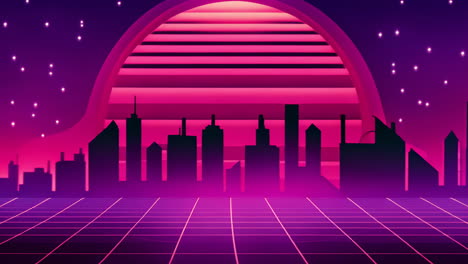 a vibrant retro-futuristic cityscape with neon pink and purple hues