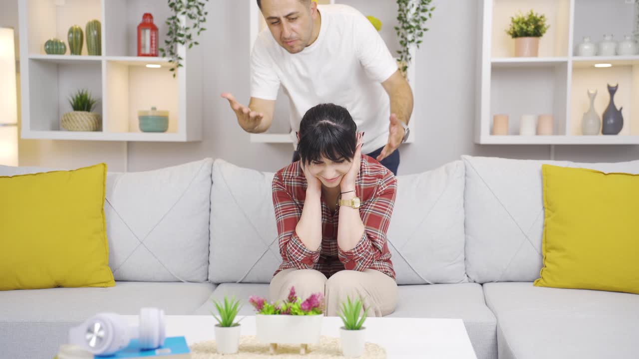 The woman is angry with her husband's mistake. He tries to find out why.