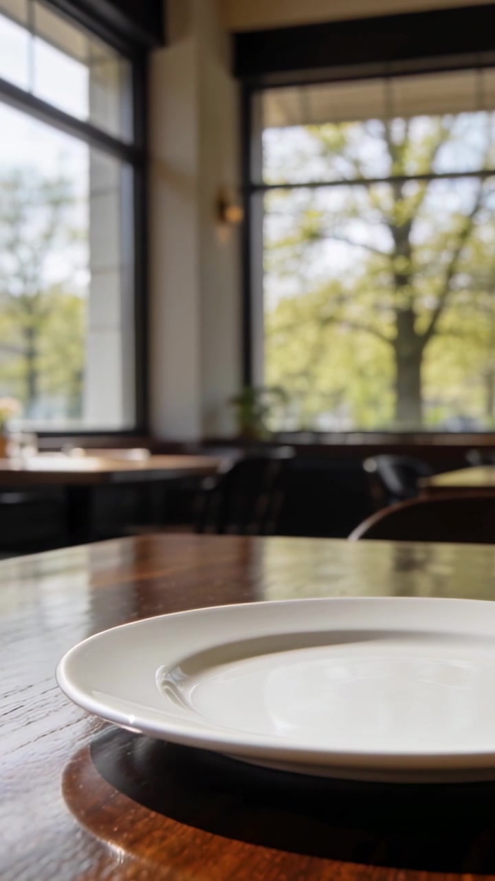 Video verticale: Brezza leggera fuori dalla finestra che crea giochi di luce e riflessi su un tavolino da caffè con un piatto bianco.