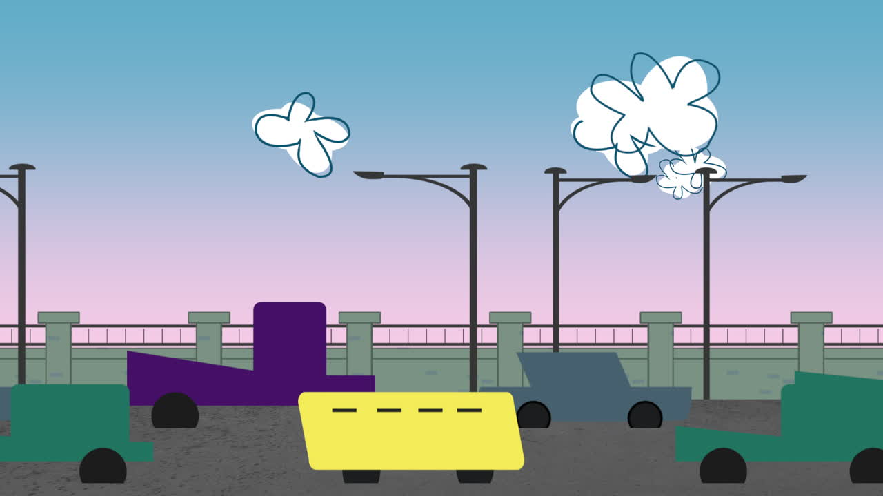 fondo de animación de dibujos animados con nubes de movimiento y automóviles en la carretera telón de fondo de paisaje urbano abstracto