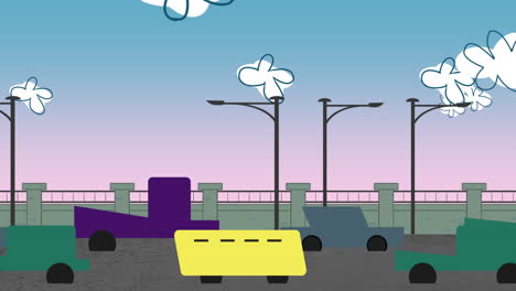 Fondo-De-Animación-De-Dibujos-Animados-Con-Nubes-De-Movimiento-Y-Coches-Sobre-Fondo-De-Paisaje-Urbano-Abstracto-De-Carretera