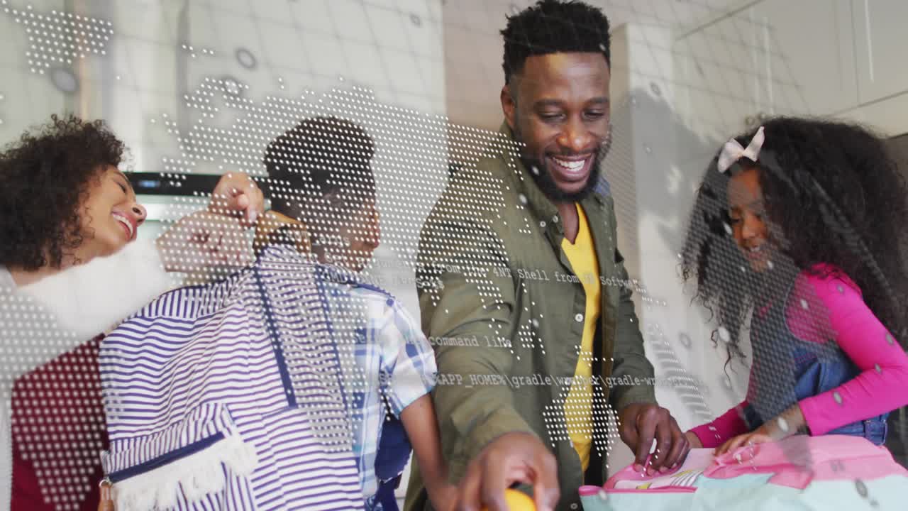 Code overlay thinning, mother placing backpack, father packing pink lunchbox in kitchen for school